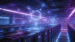 Centrum danych z serwerami Linux i wizualizacją sieci neuronowej AI