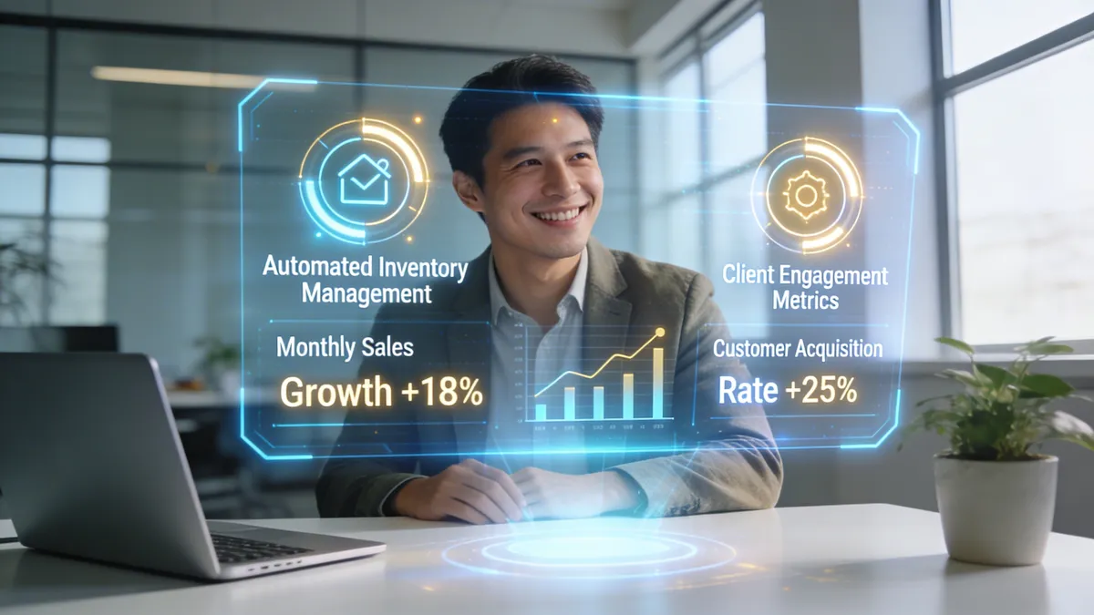 Przedsiębiorca analizujący raport z wdrożenia AI z holograficznymi wykresami w swoim biurze